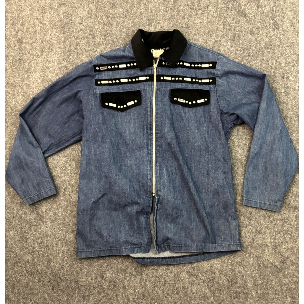 Vintage Gepetto Western Denim Zip Shirt Jacket Rhinestone Studded Chambray Small
